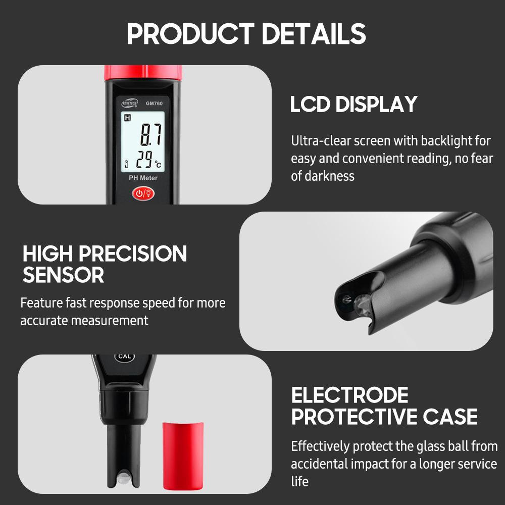 GM760 Digital PH Meter High Accuracy Water Quality Tester 2 in 1 PH/Temperature Pen ATC LCD Display Data Hold Portable PH Kit for Household Drinking Swimming Pool Aquarium