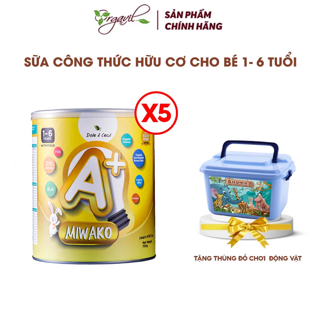 Combo 5 Hộp Sữa Công Thức Hữu Cơ Miwako A+ Vị Vani 700g (3.5Kg) Nhập Khẩu Malaysia, Sữa Hạt Cho Bé Từ 1-6 Tuổi Giúp Phát Triển Trí Não Chiều Cao Tặng Máy Xay Hạt