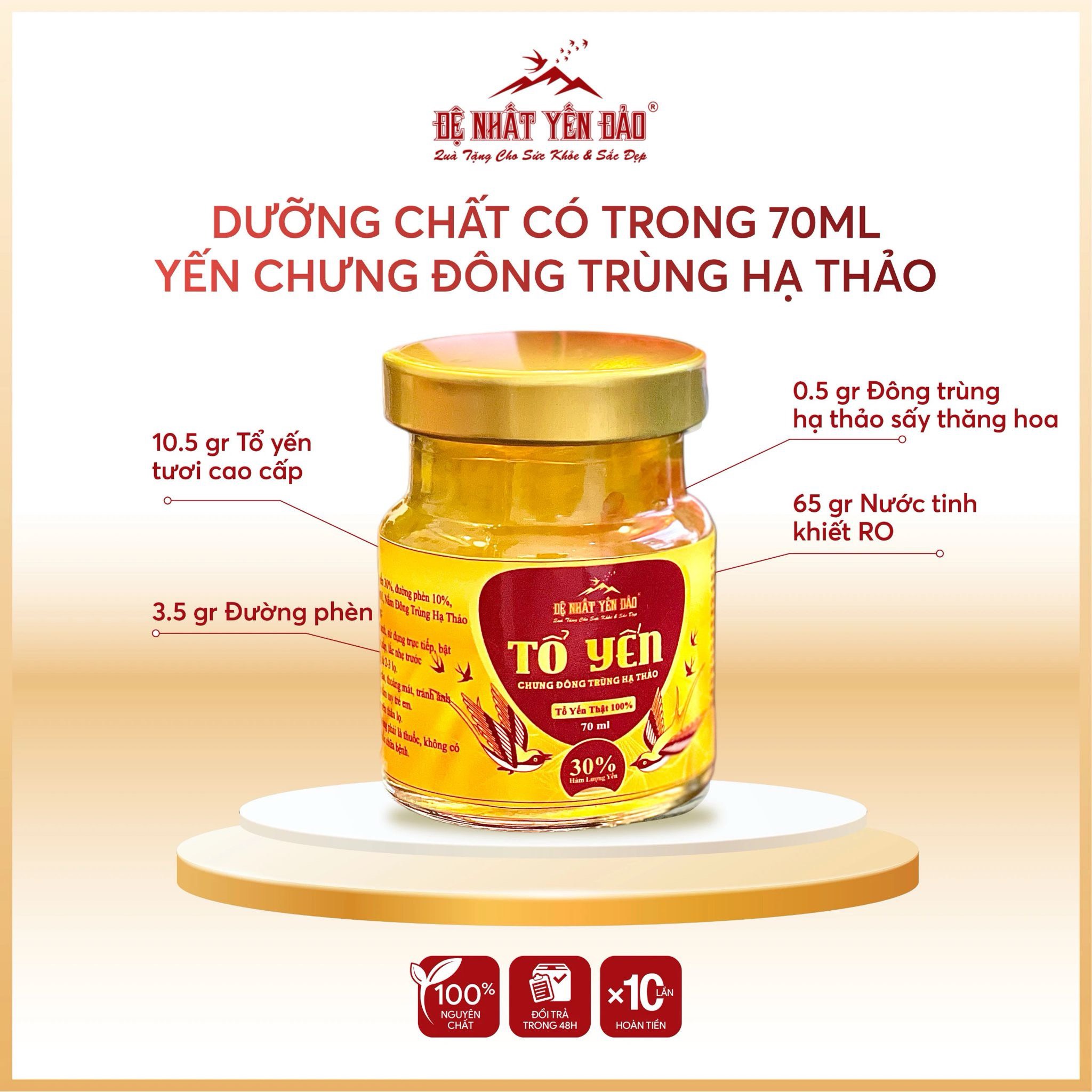 TỔ YẾN CHƯNG ĐÔNG TRÙNG HẠ THẢO 100% Tổ Yến Thật (Hàm Lượng 30%) (6 Lọ X 70ML) - Đệ Nhất Yến Đảo - Giảm Stress - Giảm Mệt Mỏi - Đẹp Da - Đẩy Lùi Lão Hóa - Điều Hòa Đường Huyết - Ổn Định Huyết Áp - Tăng Sức Đề Kháng - Tăng Sức Đề Kháng