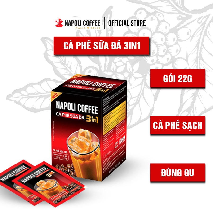 Cà phê hòa tan sữa đá 3in1 từ Arabica/Robusta Napoli Coffee hộp 5 gói x 22g