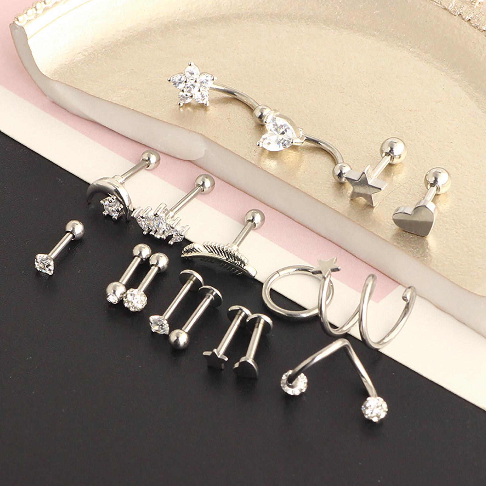 17Pcs Stainless Steel Earrings Set, Piercing Studs Piercing Jewelry, Earring Hoops, Barbell Stud, Heart Star Moon Earrings Hoop Stud Gifts