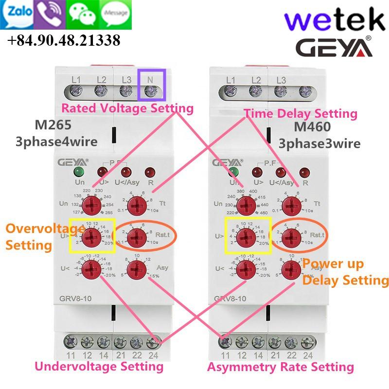 Wetek | Geya GRV8-10 Relay điện áp3 pha, cao thấp áp, mất pha, ngược pha, mất cân bằng pha, 36mm, DIN, cài trễ reset
