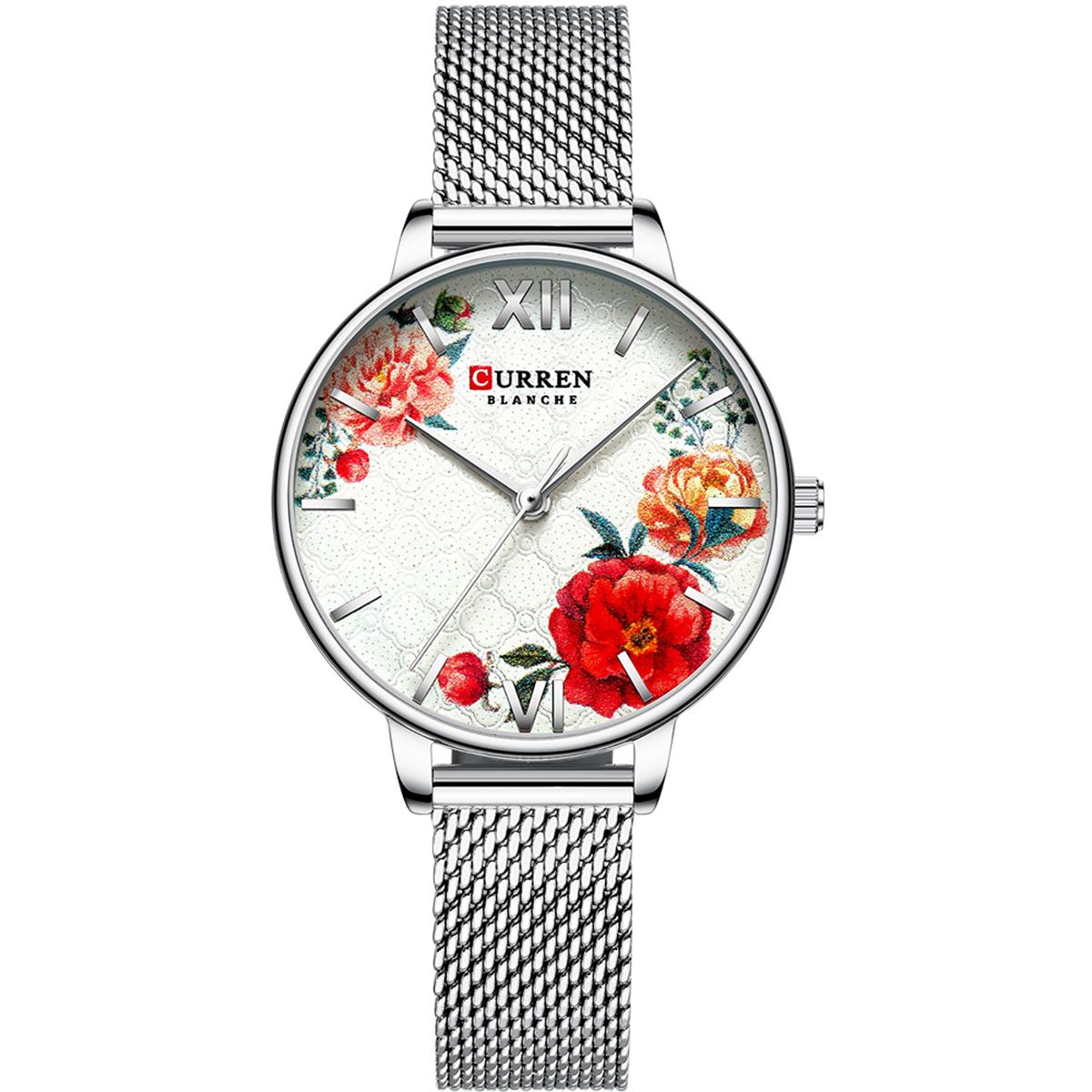 Đồng hồ Nữ CURREN 9060 Quartz Mặt số Hoa Thanh lịch Tinh tế 3ATM Chống thấm nước - Bạc Peony