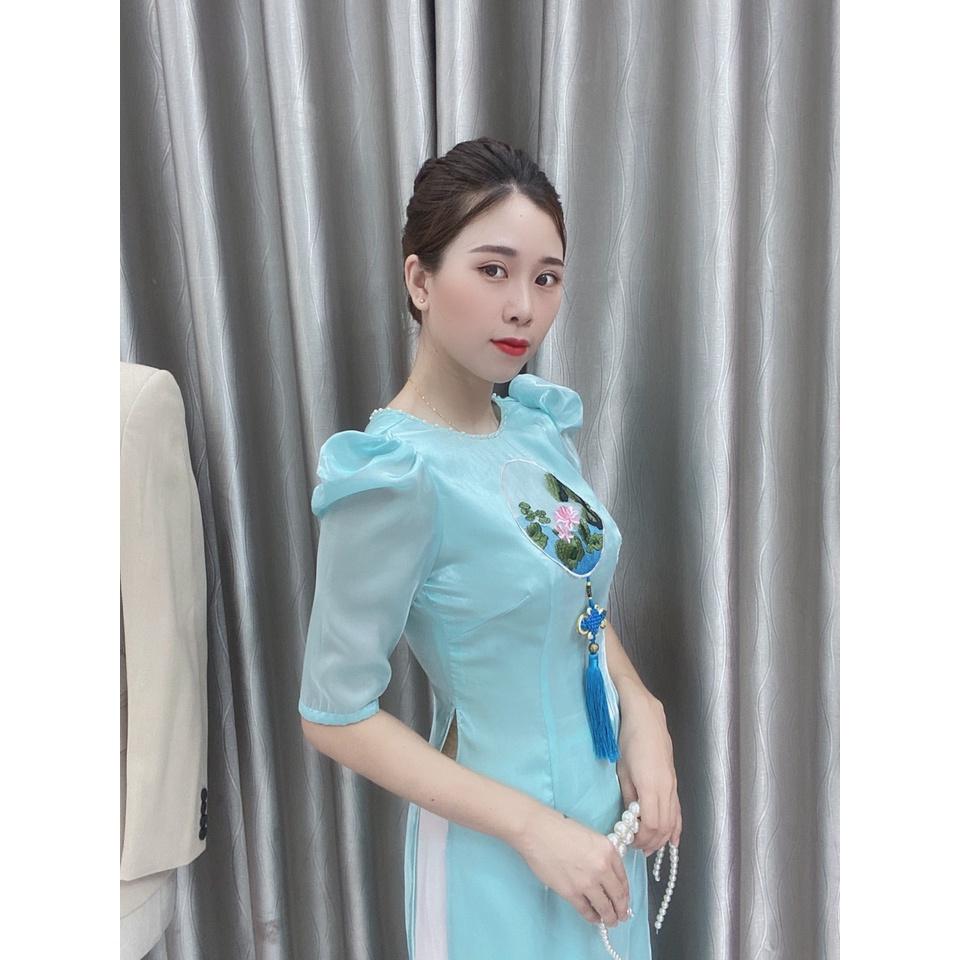Áo dài đẹp giá sinh viên_chất cao cấp tơ ánh kim lót lụa tông màu xanh nhẹ