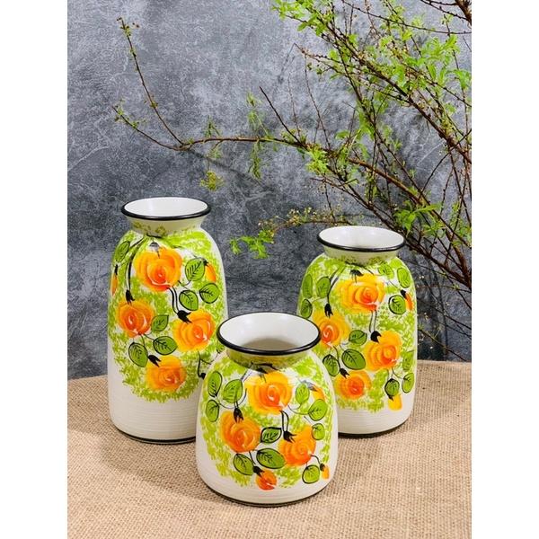 Set 3 lọ decor- cắm hoa, hoạ tiết vẽ thủ công. Gốm sứ Bát Tràng.