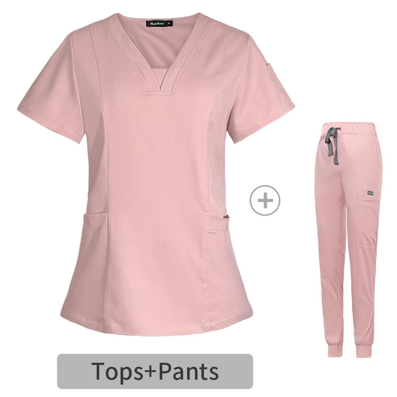 Men Women Scrubs Set, Nursing Uniforms Stretch V Neck Scrub Top and Pants Esthetician Workwear Hospital Nurse Costume for Pet Groomer,