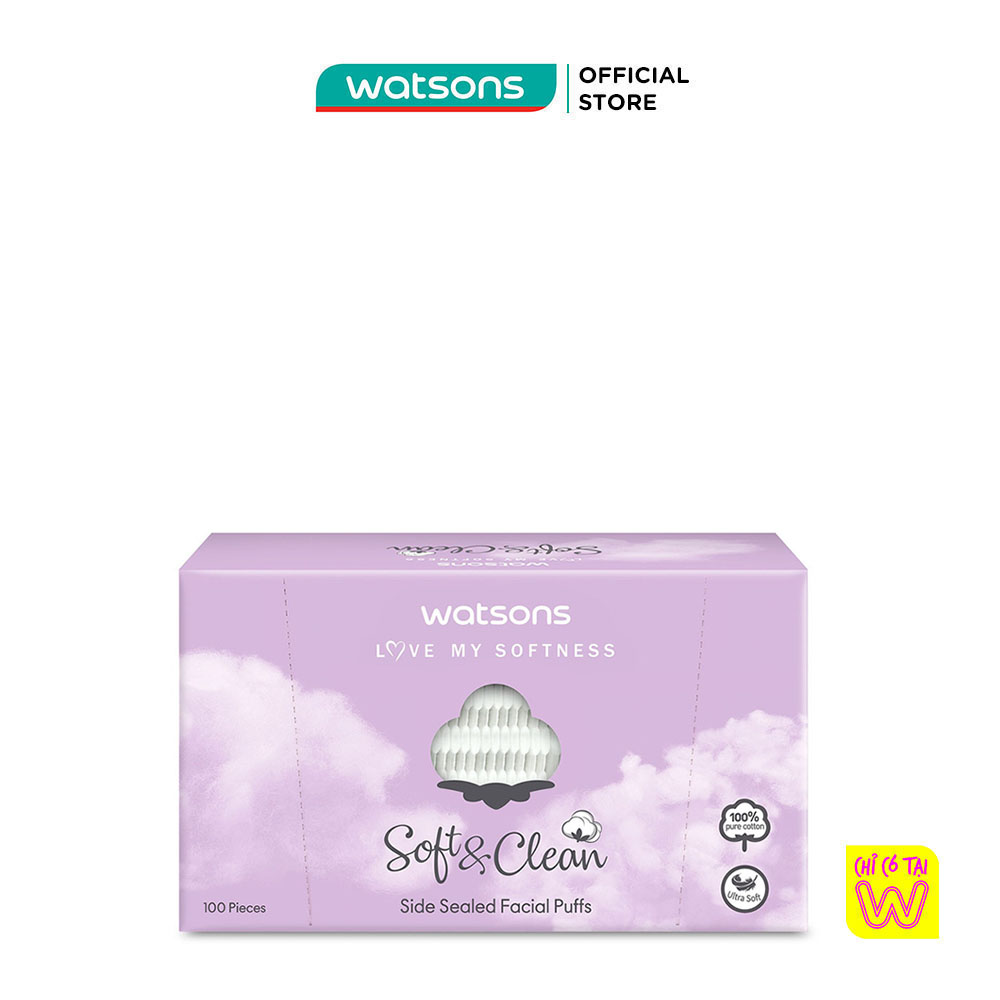 Bông Tẩy Trang Watsons Love My Softness Soft &amp; Clean Side Sealed Facial Puff Cuốn Biên 100 Miếng