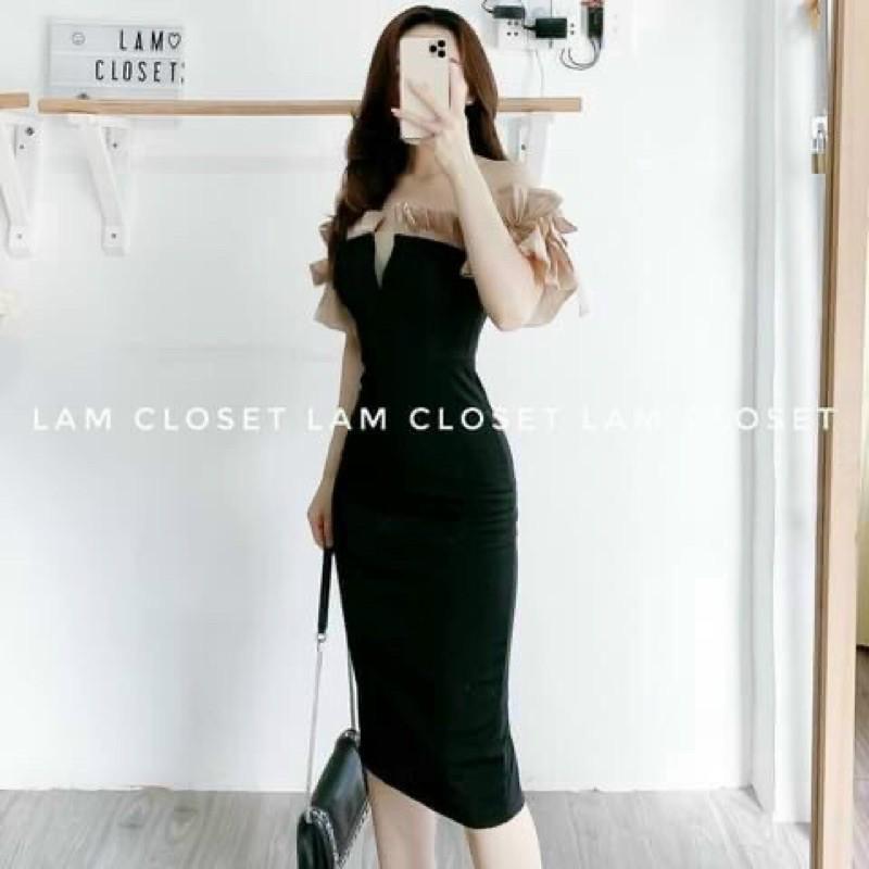 Đầm body umi cổ khoét chữ V phối tay voan cực sang chảnh có mút ngực