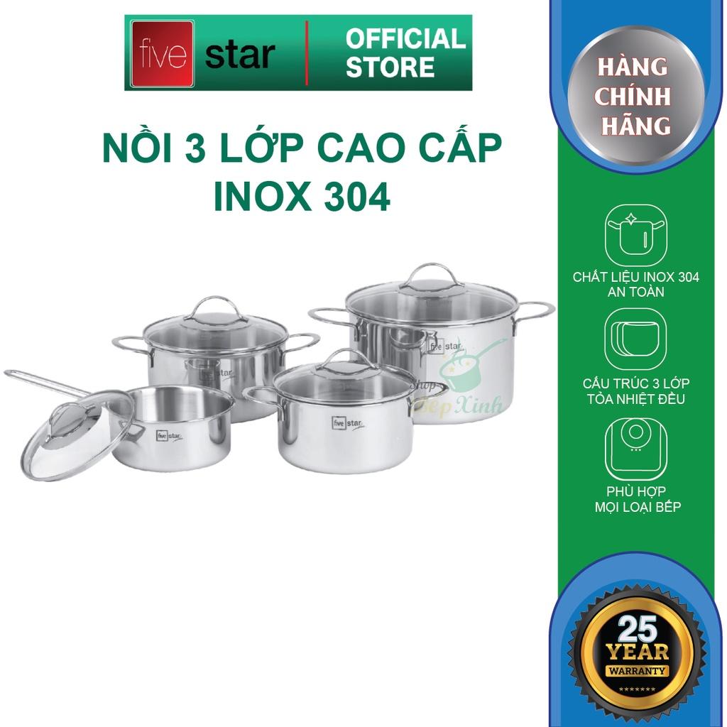 Bộ nồi 3 lớp đáy liền inox 304 Fivestar Plus quai oval nắp kính