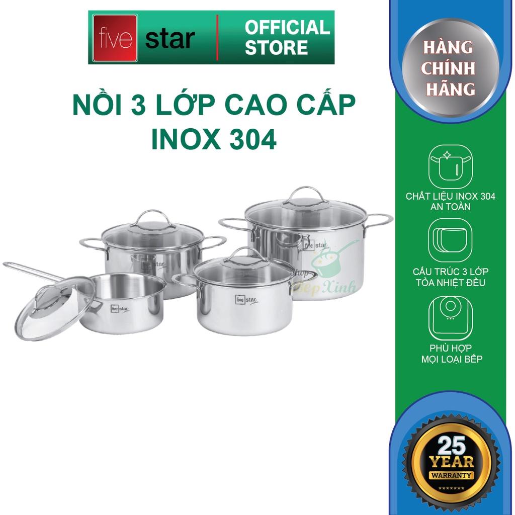 Bộ nồi 3 lớp đáy liền inox 304 Fivestar Plus quai oval nắp kính (1quánh16cm x 1nồi 18cm x 1nồi 20cm x 1nồi 24cm)