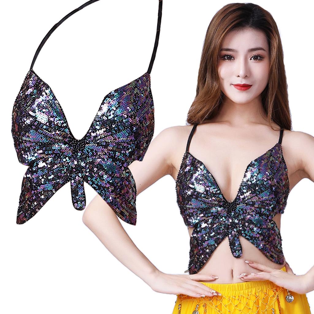 Womens Glitter Belly Dance Bra Sequin Butterfly Halter Crop Top Sexy Latin Sequins Costume Tribal Festival Party Club Wear