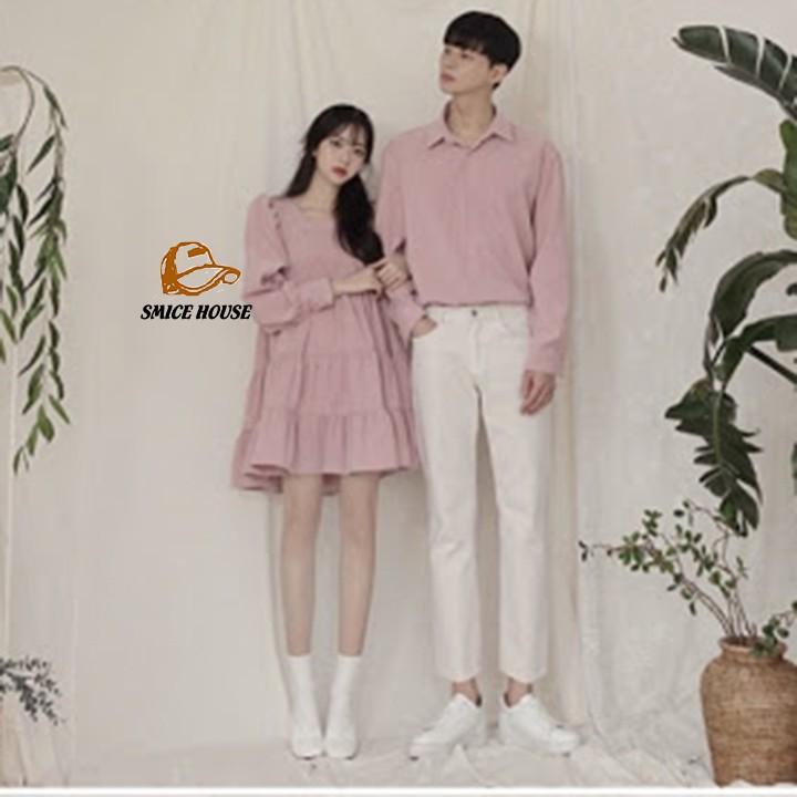 SET ÁO ĐÔI ĐẦM BABY DOLL VÀ ÁO SƠ MI, ĐỒ CẶP TÌNH NHÂN ĐI BIỂN CHỤP HÌNH CƯỚI MÀU HỒNG VÀ XANH ĐEN - SMICE HOUSE