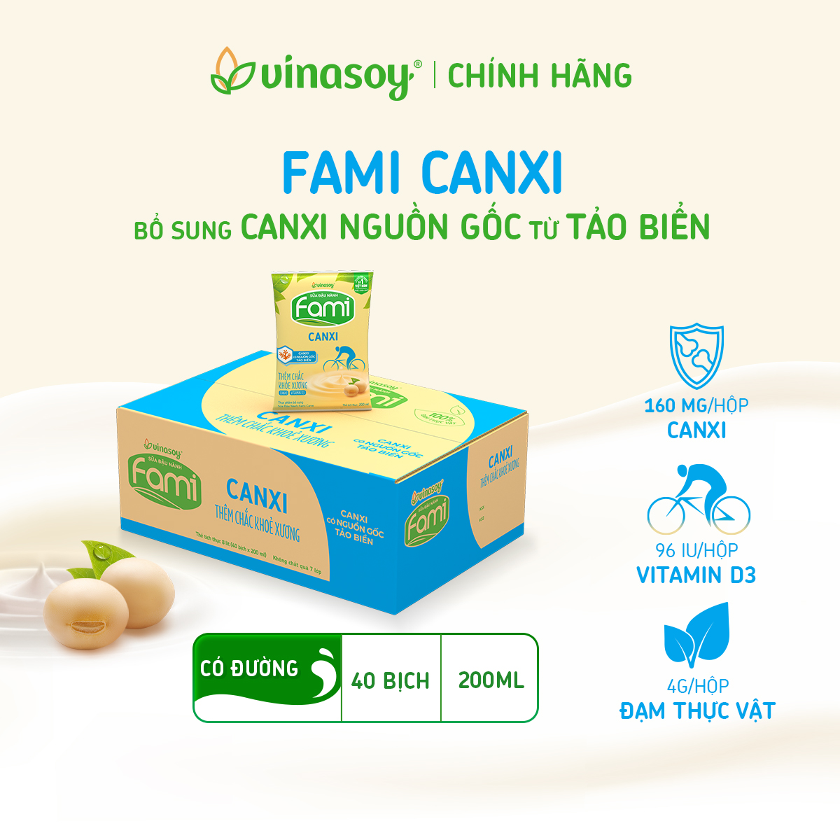 Thùng Sữa Đậu Nành Fami Canxi Nguyên vị (200ml x 40 Bịch)