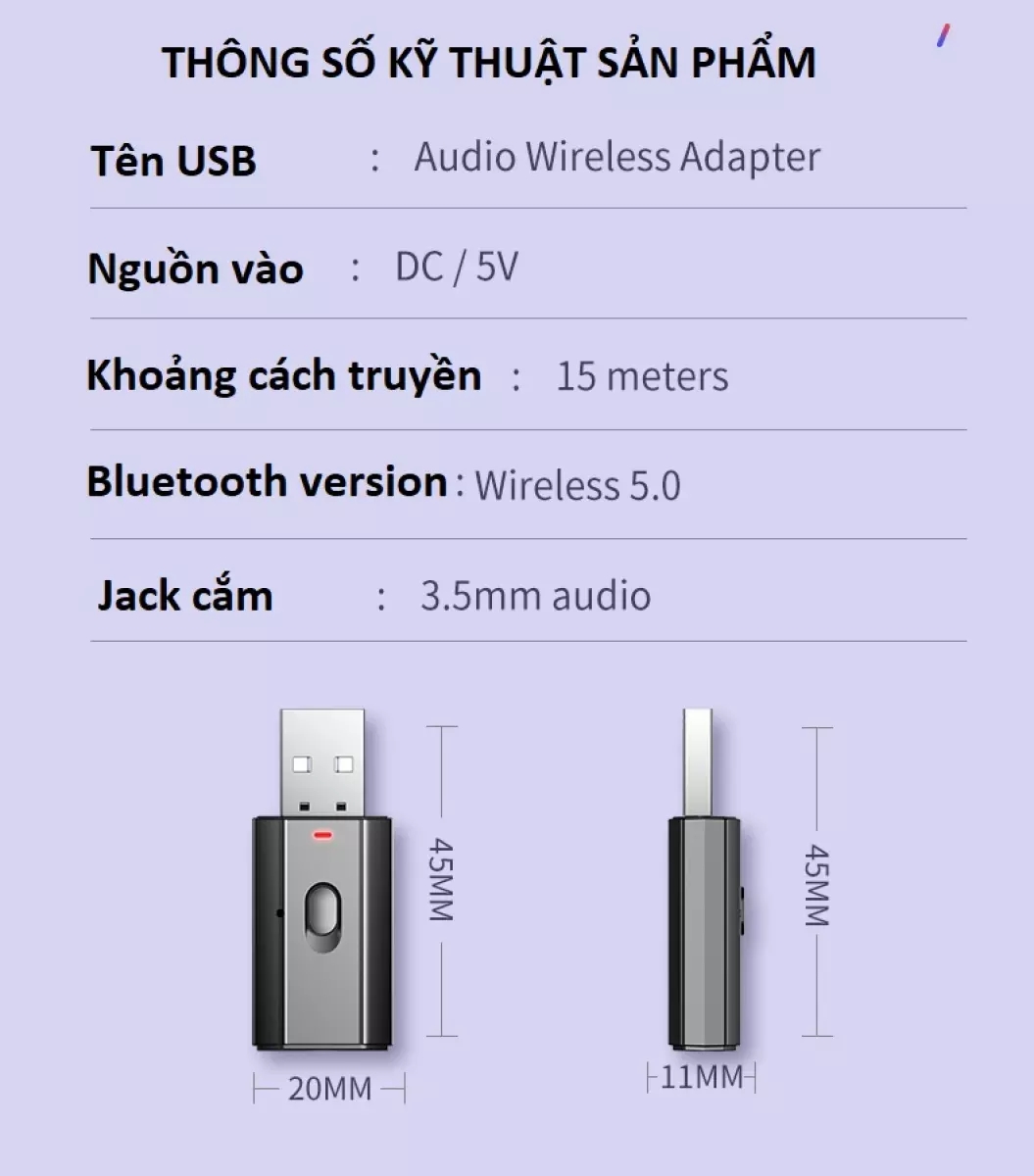 Thiết bị thu phát âm thanh Usb bluetooth 5.0 đa chức năng jack cắm 3.5mm cho loa, Tivi, máy tính, laptop, xe ô tô DRU - Hàng Chính Hãng