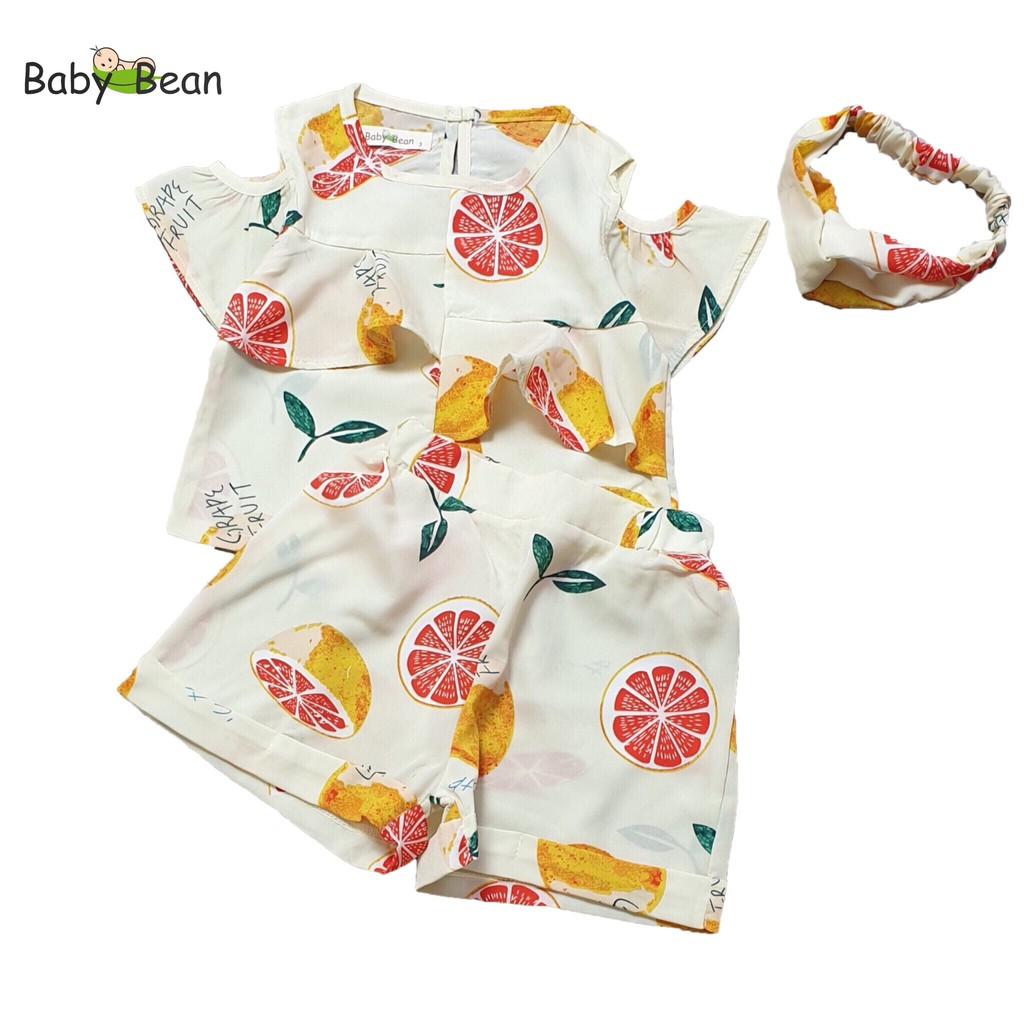 Bộ Đồ Lụa Vai Nhún Bèo hình Trái Cây bé gái BabyBean kèm Băng-Đô