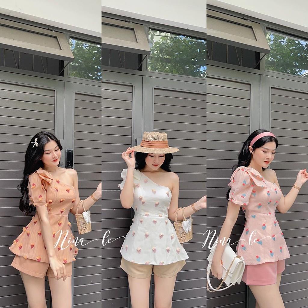 Sét Bộ Áo 1 Vai Đũi Lụa In KTS Phối Quần Chéo Nhung Màu Sắc Nhã Nhặn