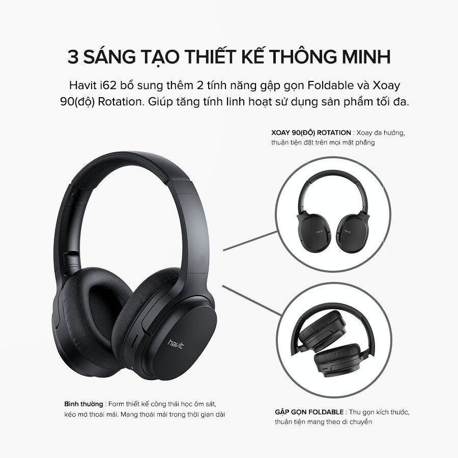 Tai Nghe Bluetooth Headphone HAVIT i62, Driver 40mm, Bluetooth 5.0, Nghe Đến 8H, Gập Gọn 90 - Hàng Chính Hãng