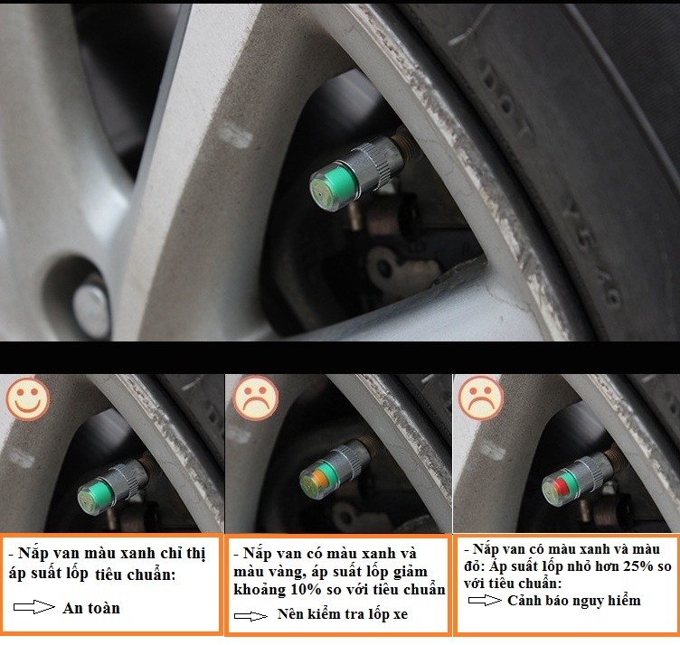 Bộ 4 nắp van cảnh báo áp suất lốp xe ô tô, xe máy -AN TOÀN, DỄ SỬ DỤNG ( Tặng móc khóa tô vít mini đa năng)