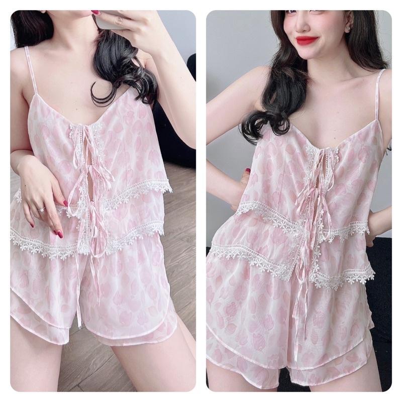 TRUCMY SHOP - Đồ Bộ Nữ, Bộ Đồ Ngủ 2 Dây Sexy Voan Tơ, Freesize 40-65kg, tuỳ chiều cao