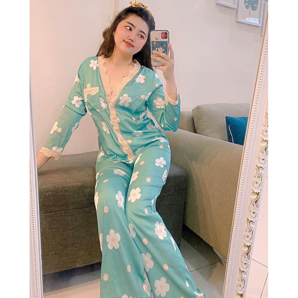 Đồ Bộ Lụa Tơ Tằm Hoa Phối Ren