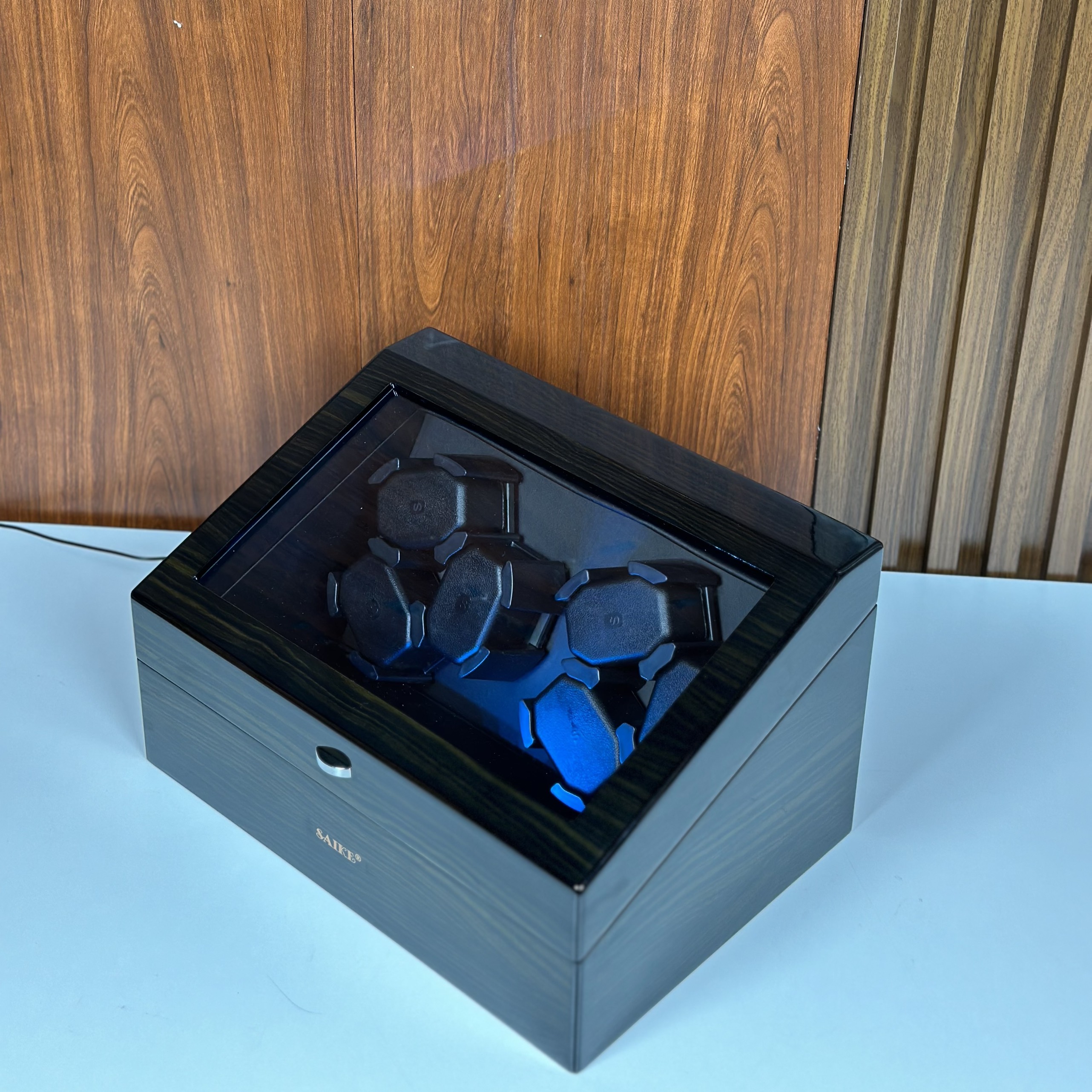 [BH 2 Năm Động Cơ] Hộp Đồng Hồ Cơ 6 Xoay + 6 Tĩnh Vỏ Gỗ Sơn Vân Gỗ Mun Có Đèn Led