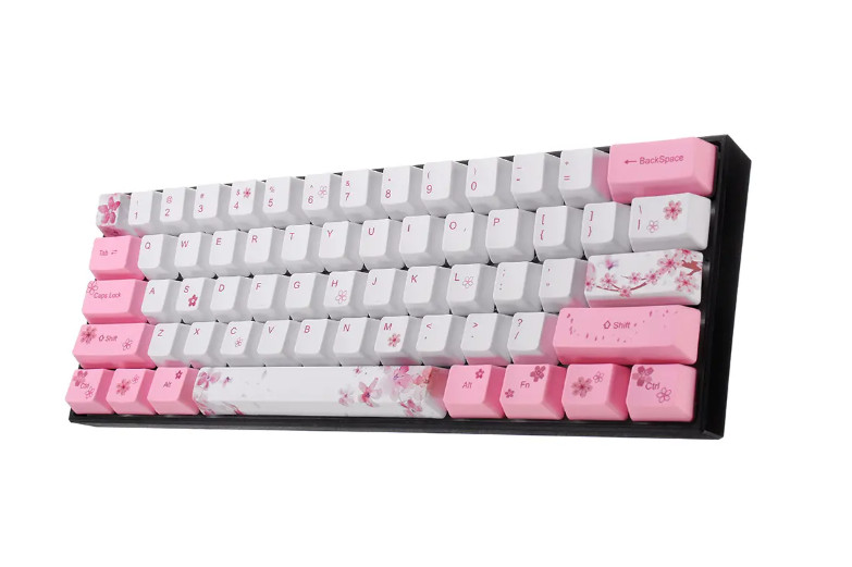 Bộ Keycap (mũ phím) PBT 61 phím – Chính hãng Royal Kludge. Hoạ tiết Sakura - Hoa anh đào. Công nghệ in Dye – sub, bền đẹp. Dành cho bàn phím cơ 61 phím. OEM Profile.