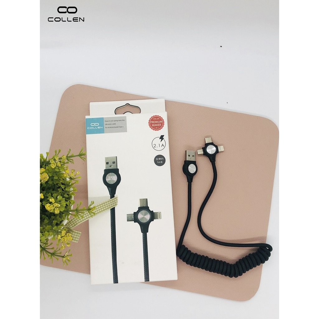 Dây cáp sạc nhanh lò xo 3 in 1 Collen chuyên dụng cho oto - Hàng Chính Hãng