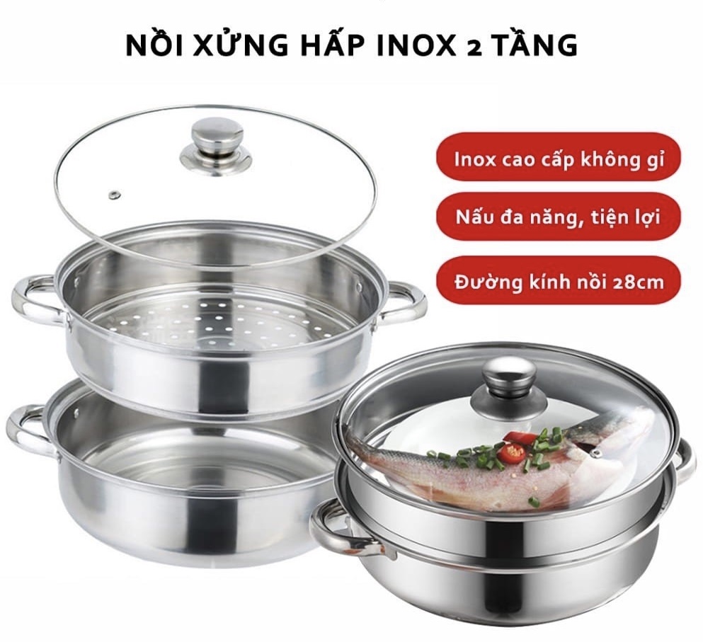 Nồi Hấp 2 Tầng Inox Cao Cấp Size 28cm