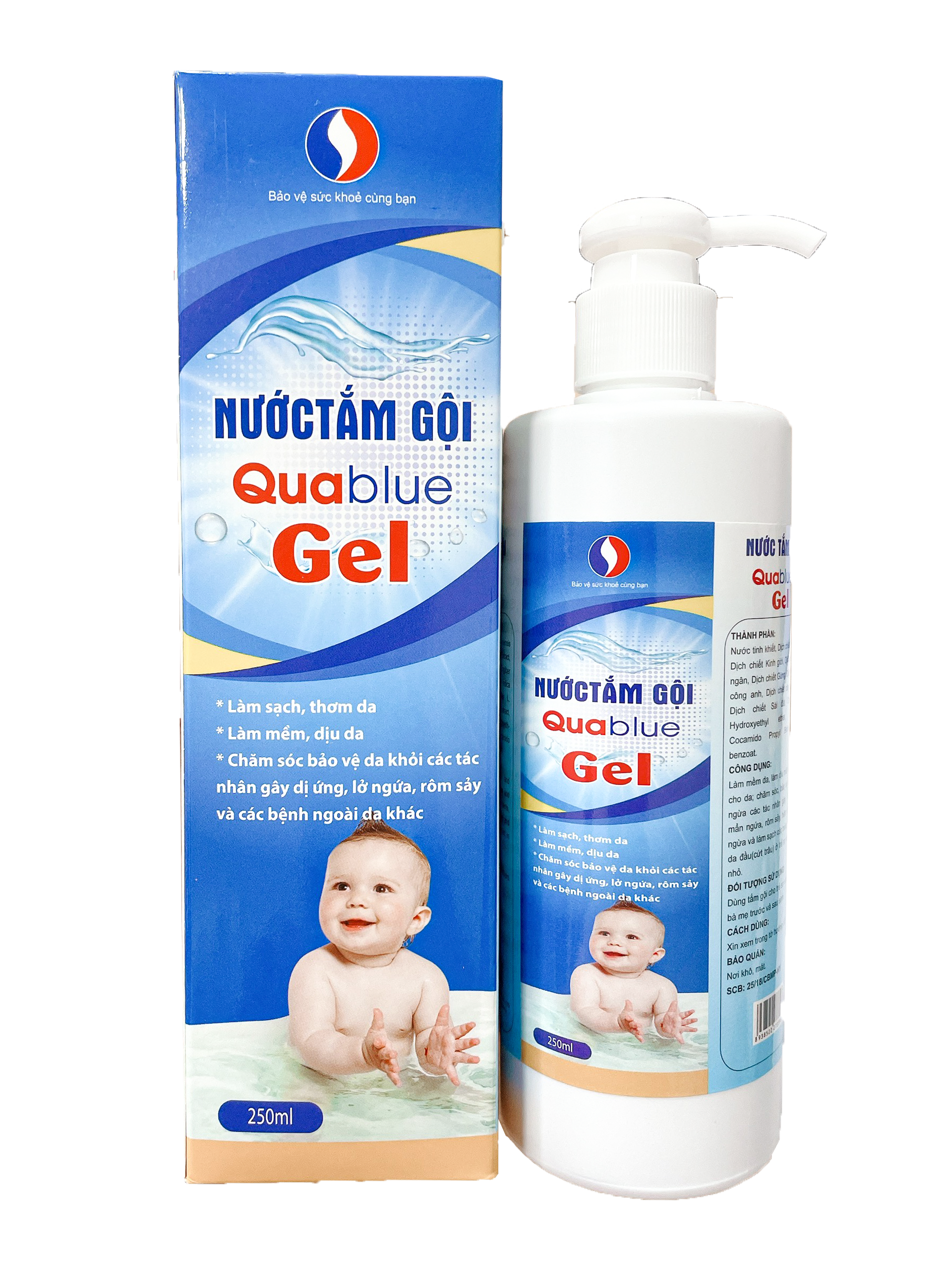 Chai Nước Tắm Gội Thảo Dược Sạch Da Dịu Nhẹ An Toàn Ngăn Ngừa Rôm Sảy Quablue Gel Chai 250ml