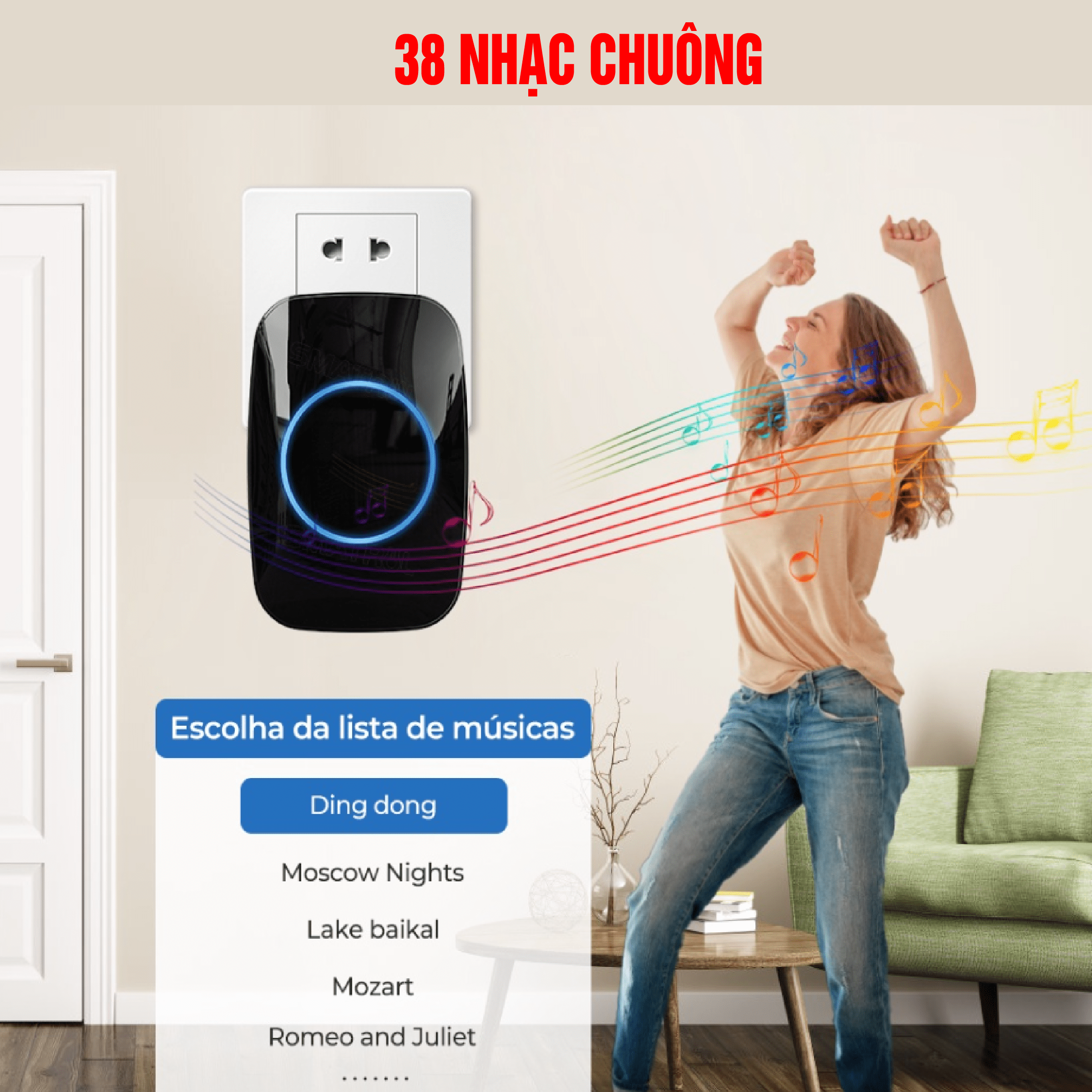 Chuông Cửa Không Dây A06 Chống Nước IP44, 38 nhạc chuông, 5 mức âm lượng, khoảng Cách 300m