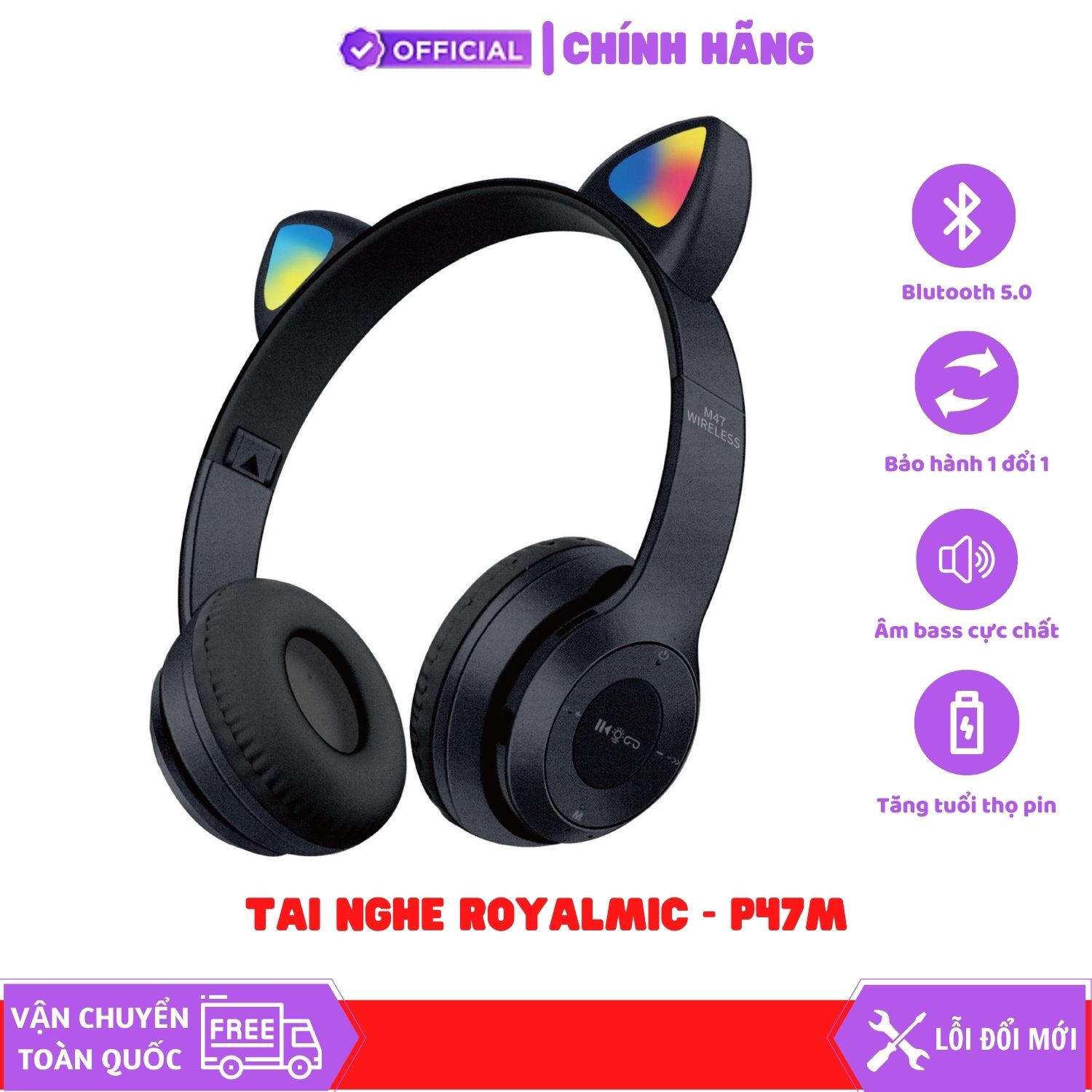 Tai Nghe Mèo Bluetooth ROYALMIC P47M Chụp Tai, Tai Mèo Dễ Thương Có Mic, Âm Bass Mạnh Mẽ - Hàng Chính Hãng