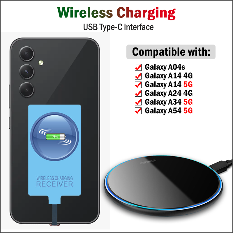 Bộ sạc và bộ thu không dây QI cho Samsung Galaxy A04S A14 A24 A34 A54 5G Bộ điều hợp sạc không dây Bộ điều hợp USB-C