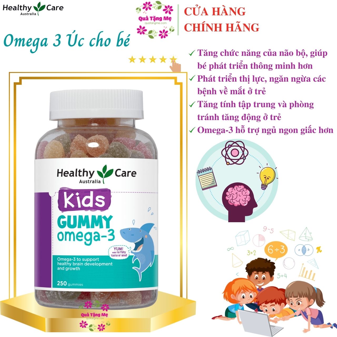 Omega 3 cho bé Healthy Care Kids Gummy Hỗ trợ phát triển trí tuệ toàn diện, tăng cường thị lực, Giúp bé học tập và ghi nhớ tốt hơn (dạng kẹo)- QuaTangMe Extaste