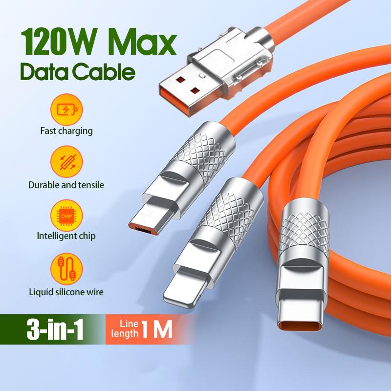 Cáp Sạc Nhanh 3 Đầu 120w Hỗ Trợ Sạc Cổng Type C/IP/Micro Cáp Sạc Nhanh 3 Trong 1 Bằng Silicone Và Hợp Kim Kẽm