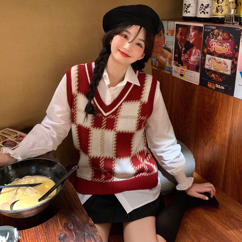 Áo Gile Cổ V Không Tay Họa Tiết Kẻ Sọc Thời Trang Ulzzang - Hàng cao cấp
