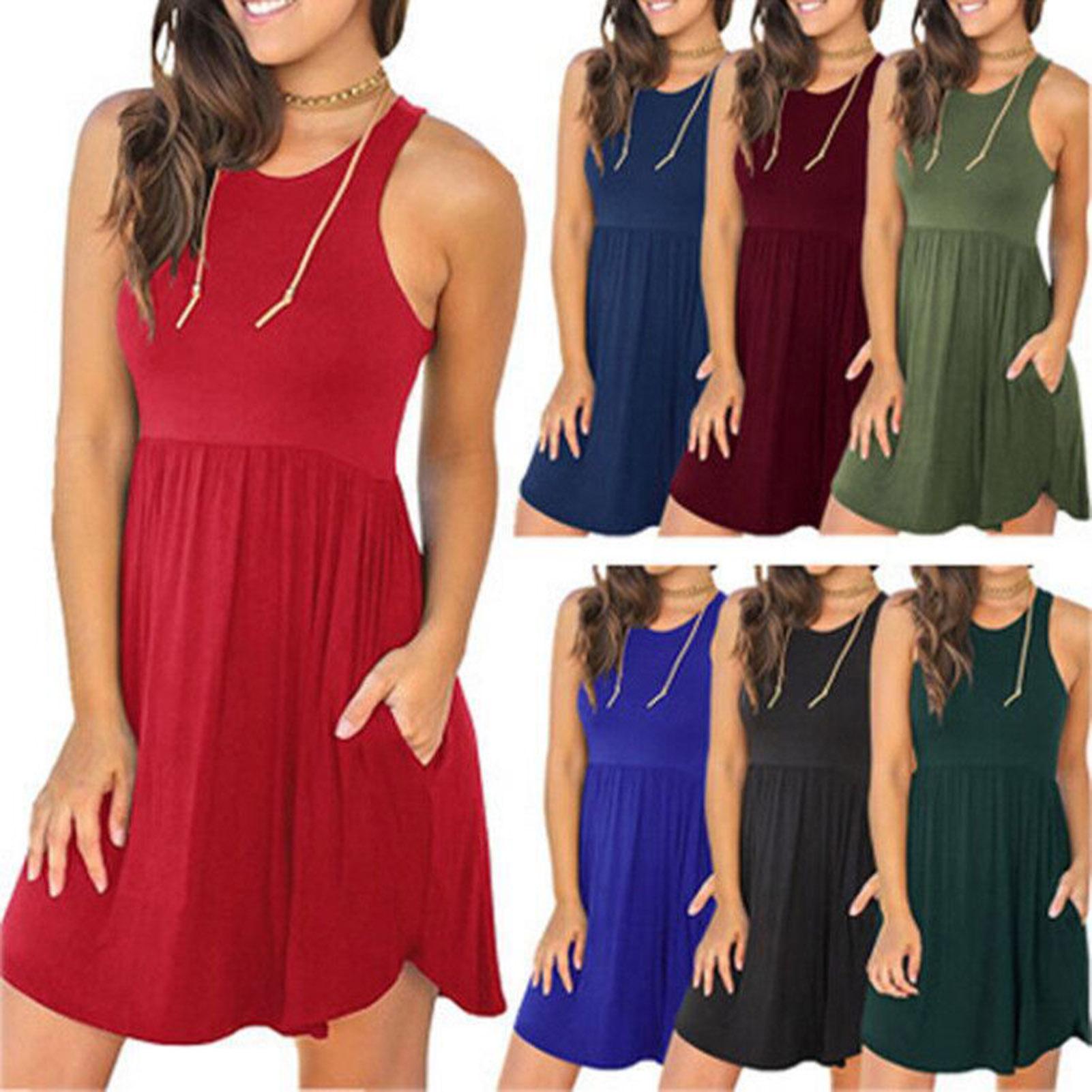 Women Solid Mini Dress with Pockets Sleeveless O-Neck Summer Casual Sundress