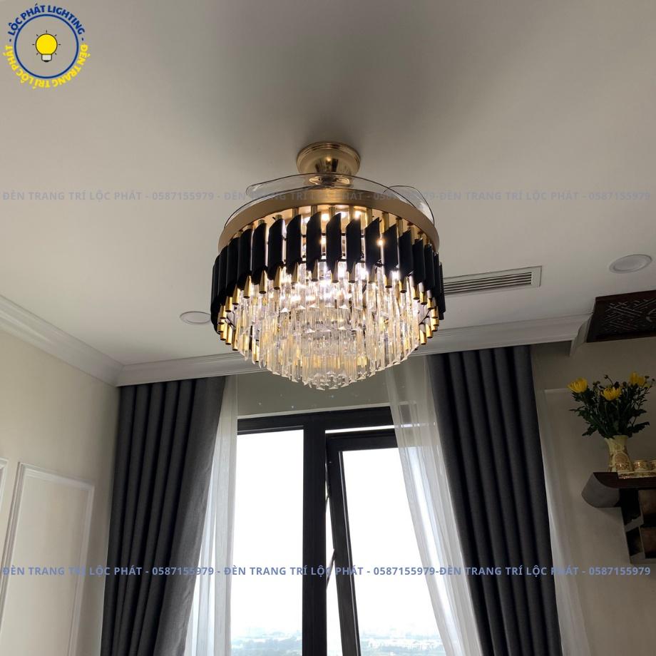 Quạt Trần Đèn Pha Lê Vàng Đen Cánh Cụp Cánh Xòe Trang Trí Phòng Khách