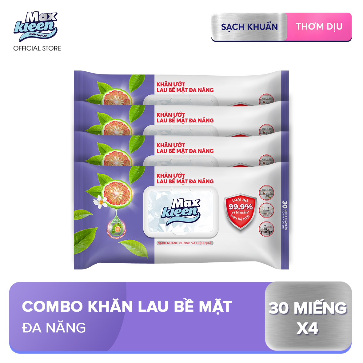 Combo 4 gói Khăn Ướt Lau Bề Mặt Đa Năng 30 Miếng