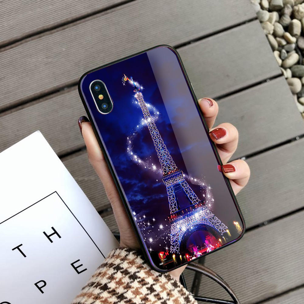 Ốp lưng dành cho iPhone in 3D hình tháp eiffel dạ quang phát sáng ban đêm mặt kính sáng bóng