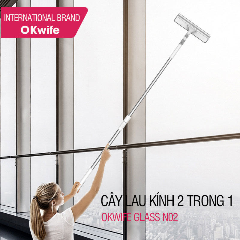 Cây lau kính thông minh OKwife Glass N02 chổi lau kính, gạt chùi kính đa năng 2 trong 1, cán tăng giảm chiều dài 150cm