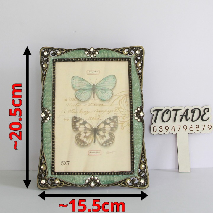 Khung hình để bàn màu xanh bằng kim loại | Họa tiết cánh bướm | Cho hình  5x7 | PFR0018
