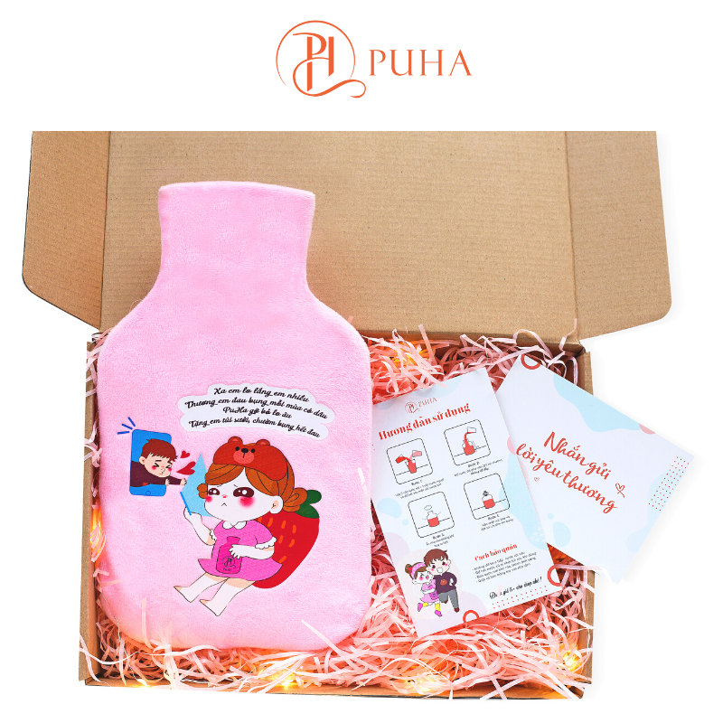 Túi Chườm Nóng Đau Bụng Kinh Puha 1000Ml, Món Quà Ý Nghĩa Tặng Bạn Gái, Kèm Hộp Quà, Thiệp Nhắn Gửi Yêu Thương - Yêu Xa - Hồng Baby