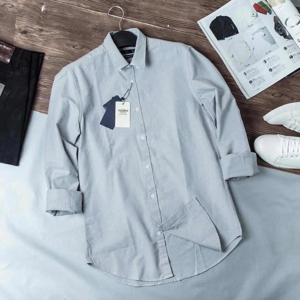 ÁoSơ mi nam trơn cotton gân chéo tay dài Mềm mát thấm mồ hôi (Màu Xanh nhạt) Thời Trang Nam