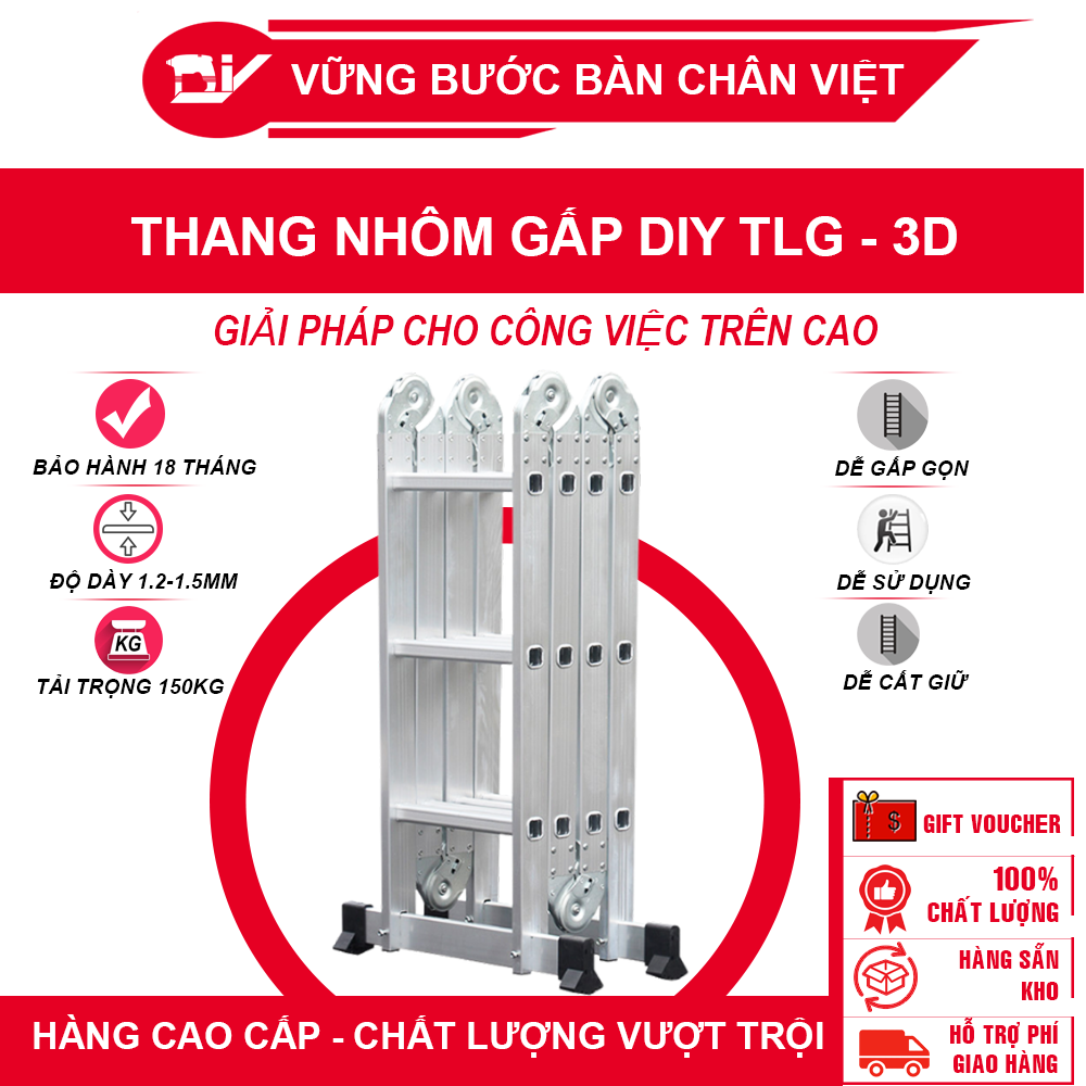 Thang nhôm gấp đoạn DIY TLG-3D chiều cao sử dụng tối đa chữ A 1.8m chữ I 3.6m - Tiêu chuẩn chất lượng an toàn Châu Âu