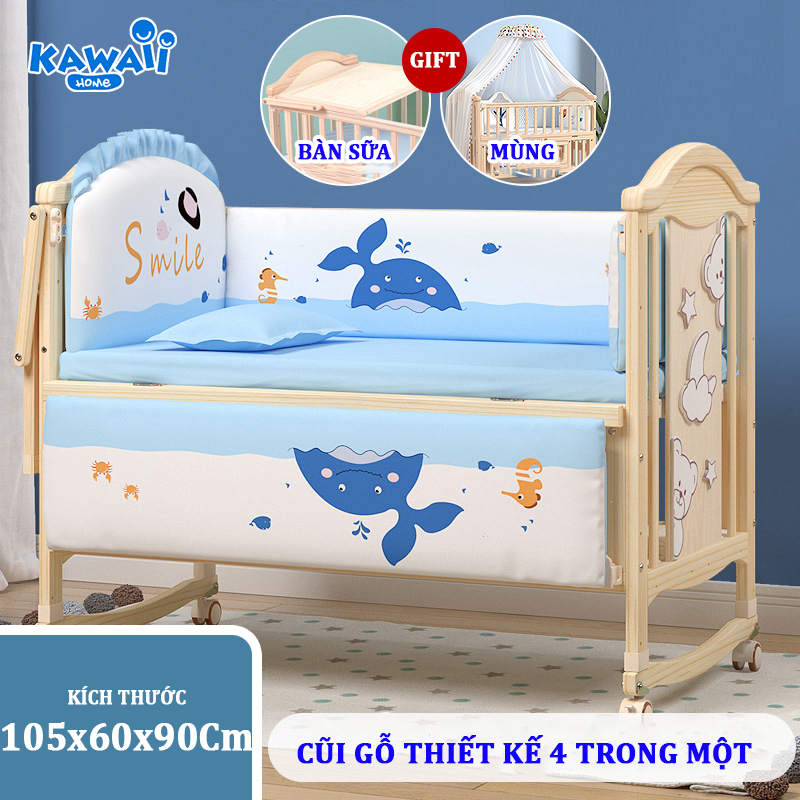 Giường cũi cho em bé đa năng KAWAII HOME - Tặng kèm 4 món quà tặng - Bảo hành 12 tháng