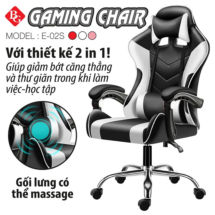 Ghế gaming  cao cấp dành cho game thủ BG model mới E02-S WHITE (hàng nhập khẩu)