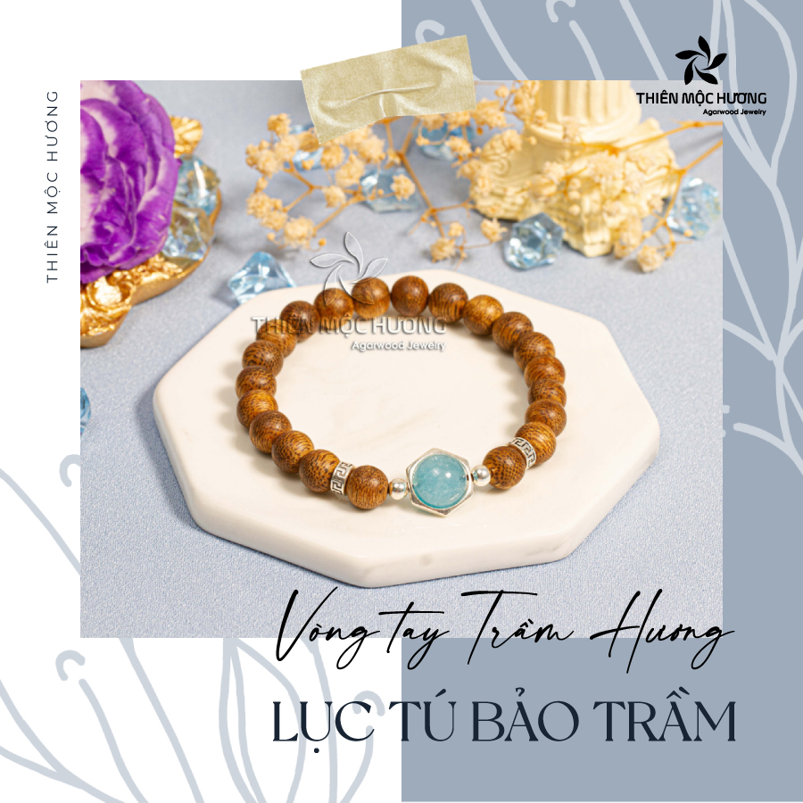 Vòng tay Trầm Hương Lục Tú Bảo Trầm - Charm bạc 925 Lục Giác mix Đá Phong Thủy - Trầm Tốc Việt Nam - Thiên Mộc Hương