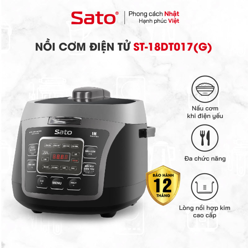 Nồi cơm điện tử SATO ST-18DT017 (G) 1.8L dùng cho 4 đến 6 người lớn, nồi cơm thông minh đa chức năng, nấu cơm, nấu cháo, hầm, làm bánh, nấu cơm khi điện yếu - Hàng chính hãng