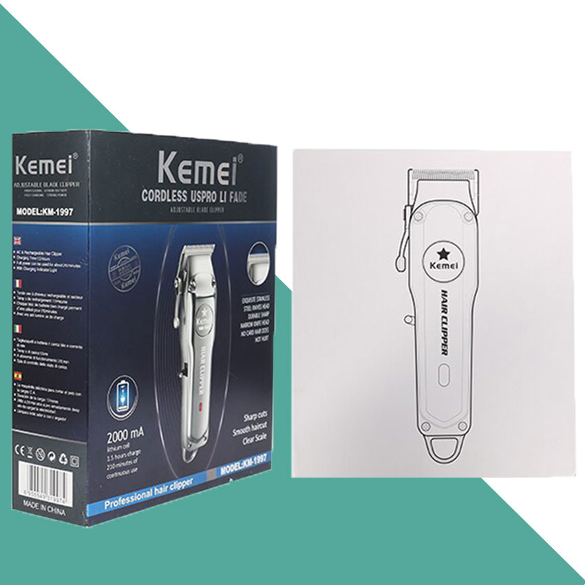 Tông đơ cắt tóc chuyên nghiệp Kemei KM-1997 thiết kế pin lithium 2000mAh sạc nhanh, toàn thân là hợp kim nhôm cao cấp Tặng kèm 1 kẹp cá sấu chia tóc tiện lợi