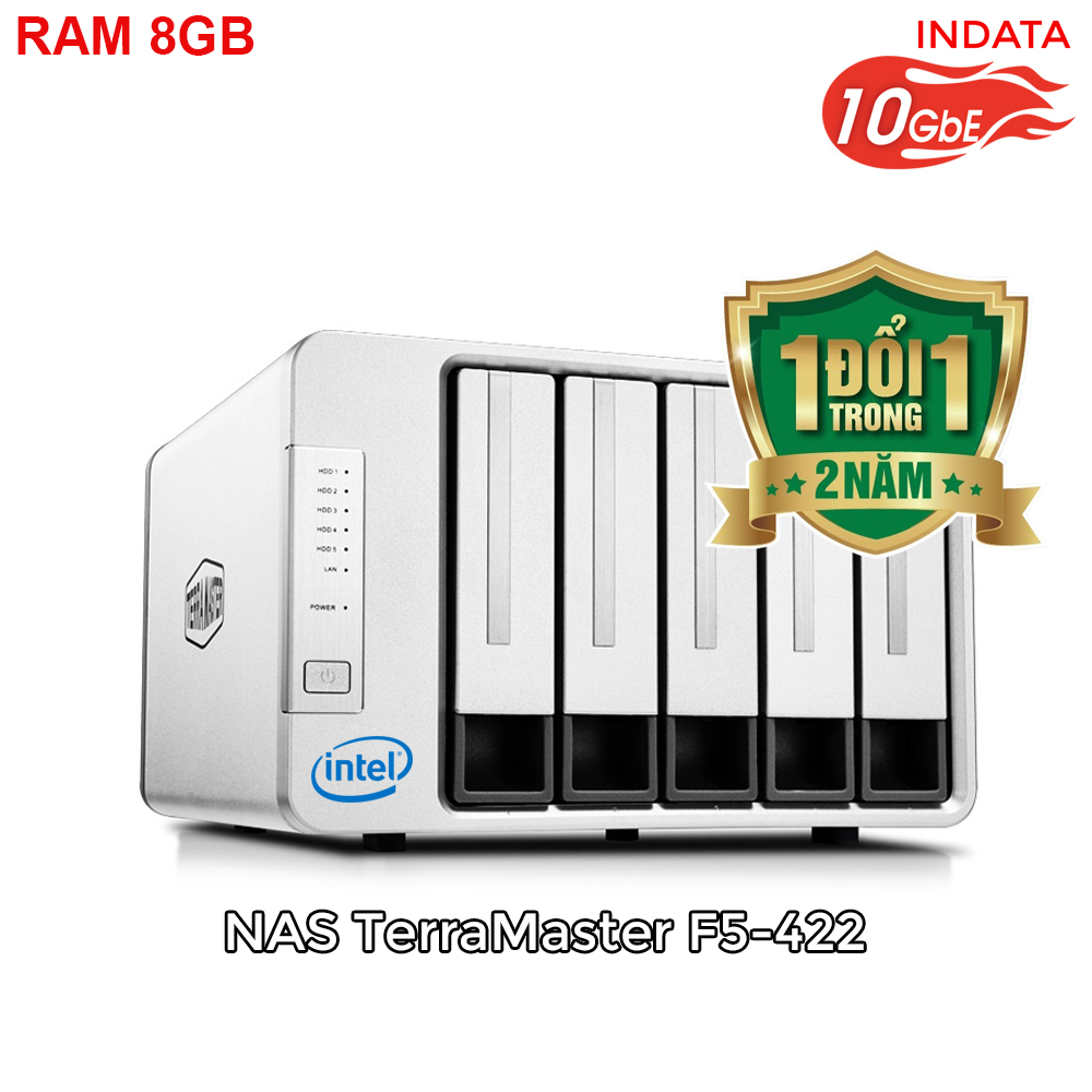 Bộ lưu trữ mạng NAS TerraMaster F5-422, LAN 10Gbps, Intel Quad-Core 1.5GHz, 8GB RAM, 670MB/s, 5 khay ổ cứng RAID 0,1,5,6,10,JBOD,Single - Hàng chính hãng